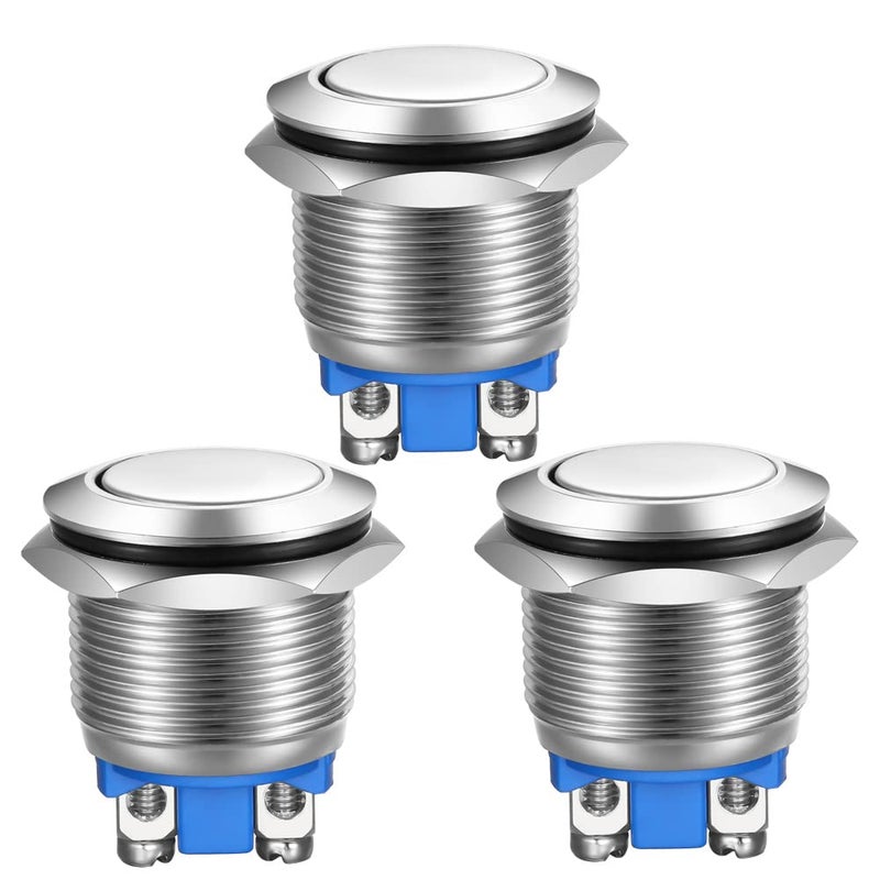 Gebildet 3pcs Momentary Push Button Screw Type terminals Stainless Steel Metal Waterproof Button 19mm 2A 12V/24V/125V/250V with 2 Screw Terminals Stainless Steel (Flat Head) - Image 1